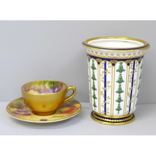 619 - A Royal Worcester miniature cup and saucer, hand painted with fruit, the cup signed Ricketts and the... 