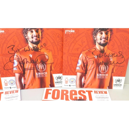 635 - For Charity, five Nottingham Forest and Manchester City programmes, Feb 2023, all signed by Des Walk... 