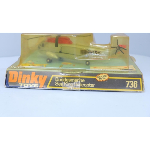 641 - Two Dinky Toys model aircraft, Spitfire MK11, 719 and Bundesmarine Sea King Helicopter, 736, in orig... 