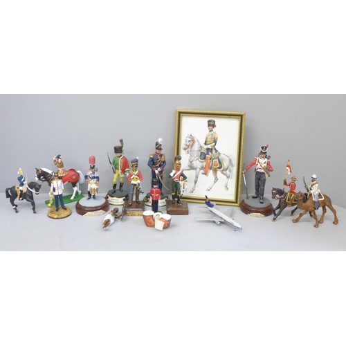 663 - Metal model soldiers including Britains, a print and a model airliner