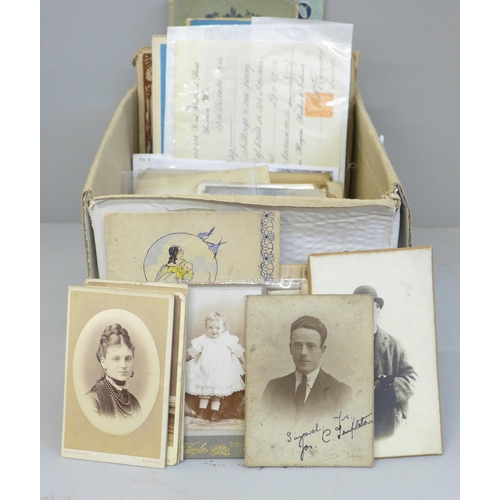 681 - A box of paper ephemera with CDVs, photocards, maps, etc.