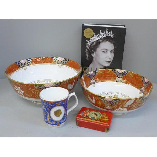 684 - Two Royal Worcester Queen Elizabeth II Golden Jubilee porcelain bowls, a mug, book and Coronation ti... 