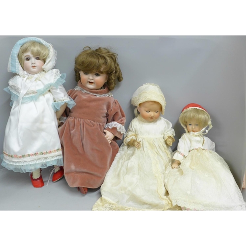 700A - Four porcelain dolls; Byron BD5, AM Germany 352/3, Otto Kunz 6789/40 and A9T GW back stamps