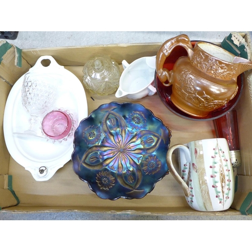 720 - Two carnival glass dishes, cranberry glass shaker, pot and bowl, Studio Pottery jug, salt glaze jug,... 