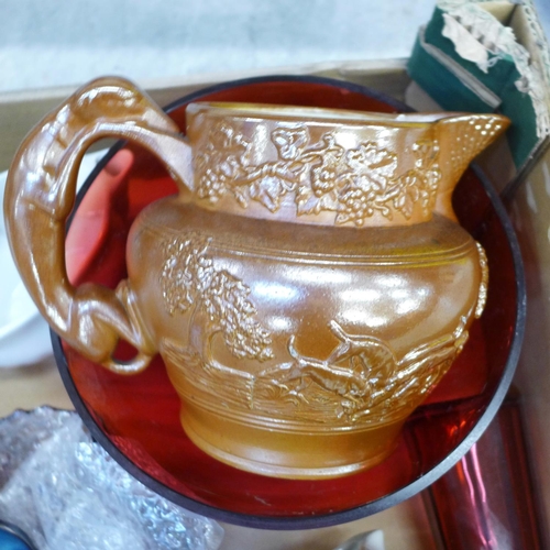 720 - Two carnival glass dishes, cranberry glass shaker, pot and bowl, Studio Pottery jug, salt glaze jug,... 