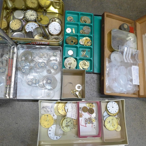 745 - Watch parts, pocket watches for spares and watch crystals