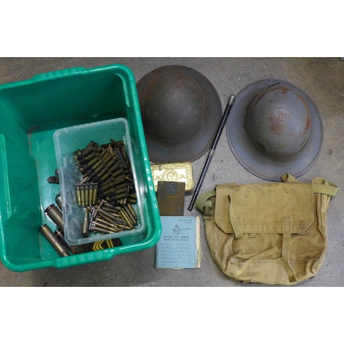 753 - A box of Army related items including two WWII helmets, 1914 Christmas tin, WWII bronze plaque, RAF ... 