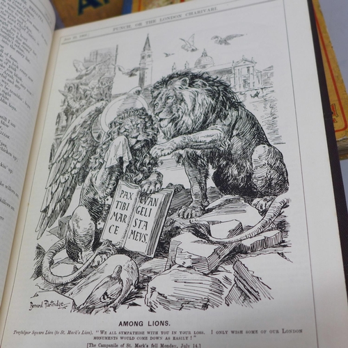 761 - Four bound volumes of Punch from 1902, 1905, 1912 and 1916 and three vintage annuals; The Prize, 192... 