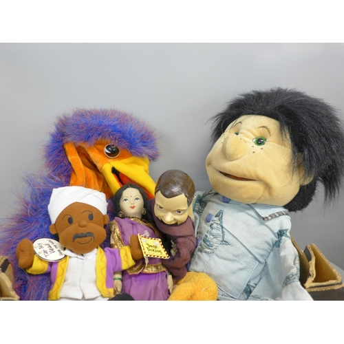 767 - Ventriloquist glove puppets, an Indian doll and Trash Talker figure