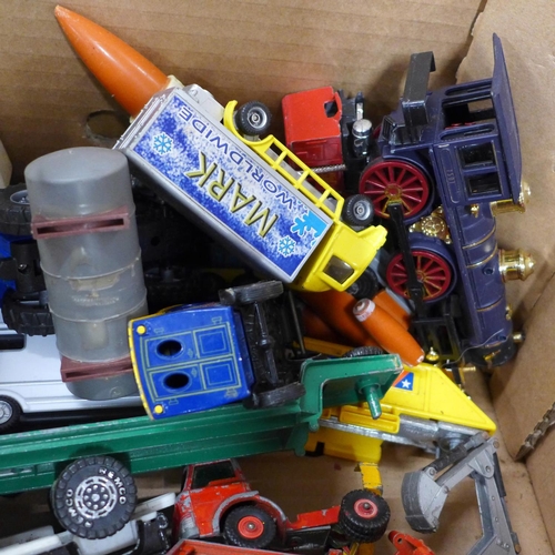 781 - A large box of playworn die-cast metal model vehicles, Dinky, Corgi and others