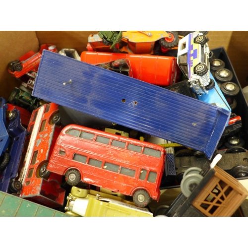 781 - A large box of playworn die-cast metal model vehicles, Dinky, Corgi and others