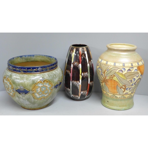 790 - A Charlotte Rhead vase, (hole for cable from lamp base), a German vase and a Doulton Lambeth Slater'... 