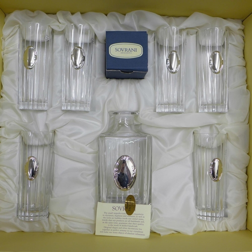 794 - A Sovrani Argenti set of six hi-ball tumblers and decanter, with a silver plaque to each front, boxe... 