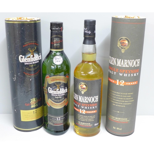 798 - Two cased bottles of whisky, Glen Marnoch Single Speyside and Glenfiddich Special Reserve, both Aged... 