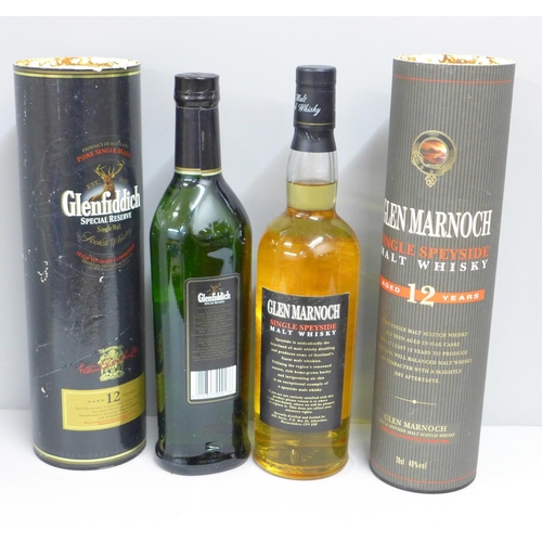 798 - Two cased bottles of whisky, Glen Marnoch Single Speyside and Glenfiddich Special Reserve, both Aged... 