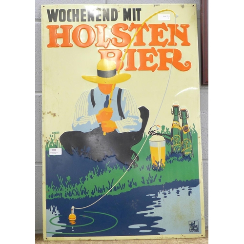 806 - A vintage Holsten Bier advertising sign, embossed tin with wood backing, 75cm x 50cm