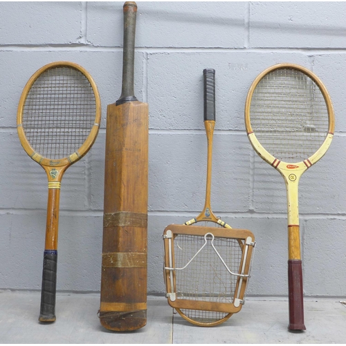 818 - Three vintage tennis rackets and a Gunn & Moore 'The Cannon' cricket bat