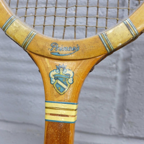 818 - Three vintage tennis rackets and a Gunn & Moore 'The Cannon' cricket bat