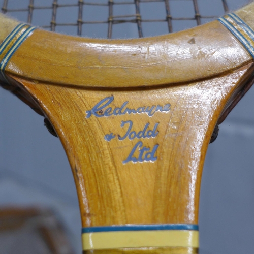 818 - Three vintage tennis rackets and a Gunn & Moore 'The Cannon' cricket bat