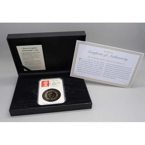 835 - A UK 2018 Mary Shelley's Frankenstein DateStamp £2 coin, limited edition of 500 coins