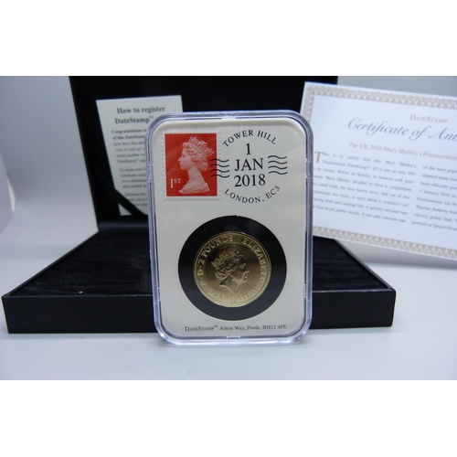 835 - A UK 2018 Mary Shelley's Frankenstein DateStamp £2 coin, limited edition of 500 coins