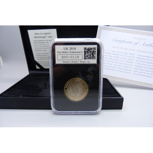 835 - A UK 2018 Mary Shelley's Frankenstein DateStamp £2 coin, limited edition of 500 coins