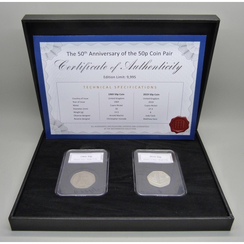 837 - The 50th Anniversary of the 50p coin pair, 1969 50p and 2019 50p, boxed.