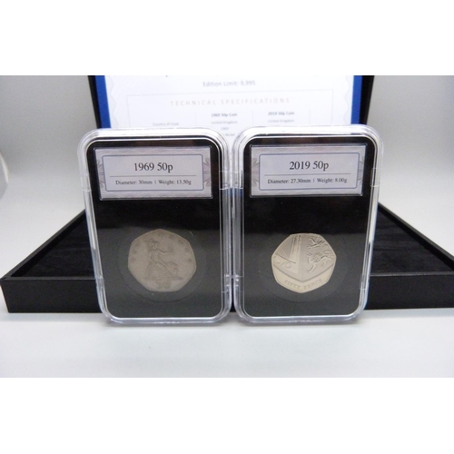 837 - The 50th Anniversary of the 50p coin pair, 1969 50p and 2019 50p, boxed.