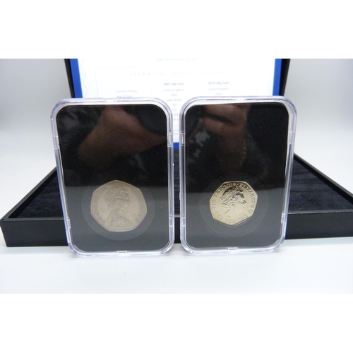 837 - The 50th Anniversary of the 50p coin pair, 1969 50p and 2019 50p, boxed.