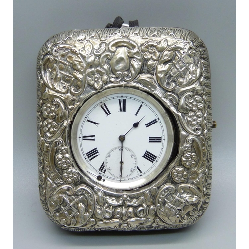 844 - A silver pocket watch in a silver mounted travel case, a/f, case lacking back stand, second hand loo... 