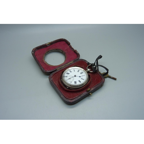 844 - A silver pocket watch in a silver mounted travel case, a/f, case lacking back stand, second hand loo... 