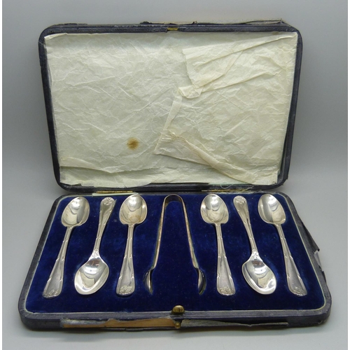 854 - A set of six silver spoons with sugar bows, Walker & Hall, Sheffield 1925, 125g