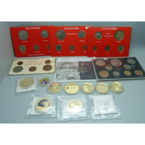 865 - A collection of commemorative coins including gold plated, 1965 British proof set, a Queen Victoria ... 