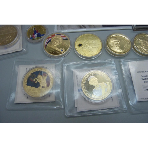 865 - A collection of commemorative coins including gold plated, 1965 British proof set, a Queen Victoria ... 