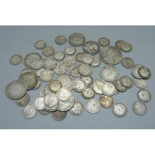 868 - A collection of silver coins including Victorian and 3d, 131g