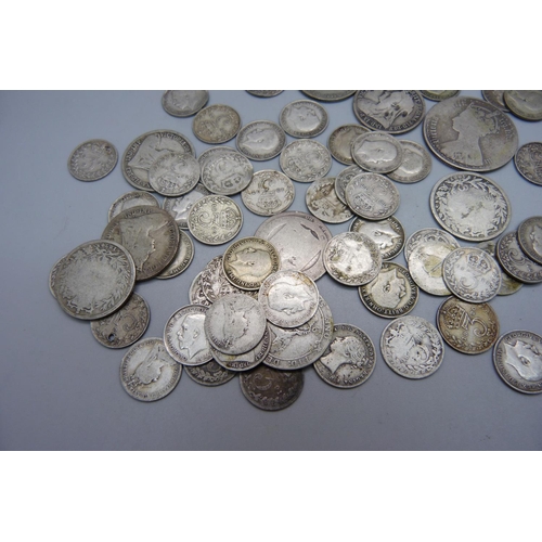 868 - A collection of silver coins including Victorian and 3d, 131g