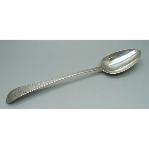 870 - A George III brite cut Irish silver serving spoon, Dublin 1794, Law & Bailey, 65g