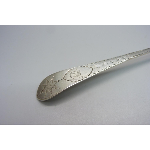 870 - A George III brite cut Irish silver serving spoon, Dublin 1794, Law & Bailey, 65g