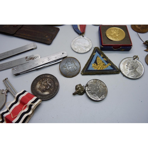 878 - A brass army kit bag D lock with key, Chesterman Sheffield measuring implements set marked 'Bristol'... 