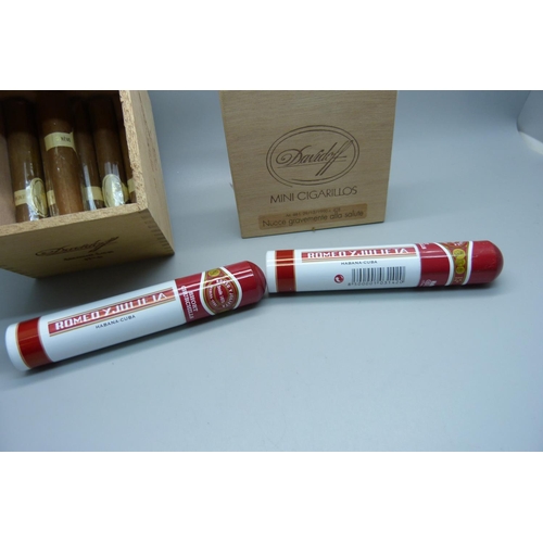 909 - Six Davidoff cigars, Dominican Republic, two Romeo y Julieta cigars and mini cigarillos