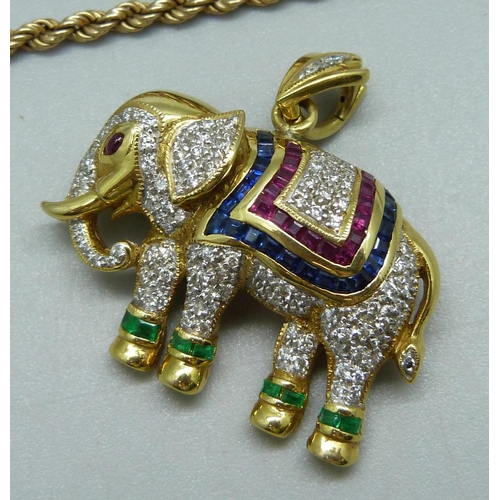 918 - A yellow metal elephant brooch/pendant set with diamonds, sapphires and rubies, 13.2 g, with a 9ct g... 