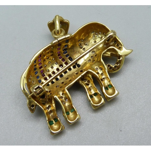 918 - A yellow metal elephant brooch/pendant set with diamonds, sapphires and rubies, 13.2 g, with a 9ct g... 