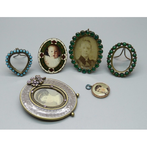 937 - Four vintage miniature photograph frames including enamel, one later set with pink paste stones and ... 