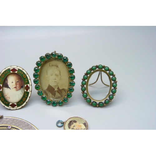 937 - Four vintage miniature photograph frames including enamel, one later set with pink paste stones and ... 