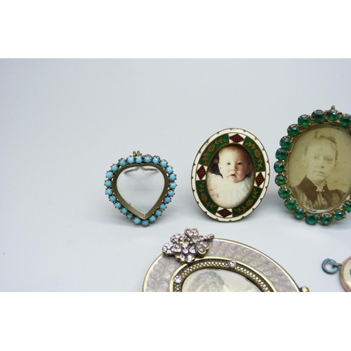 937 - Four vintage miniature photograph frames including enamel, one later set with pink paste stones and ... 