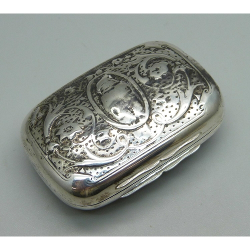 948 - A engraved silver box with gilt interior, continental control marks, 39g, 53mm