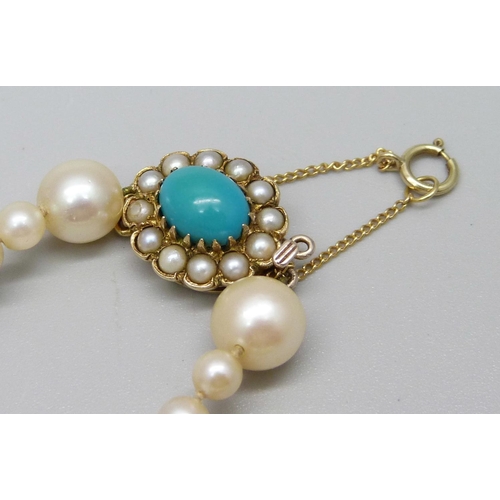 953 - A graduated pearl necklace with 9ct gold and turquoise clasp, 90cm