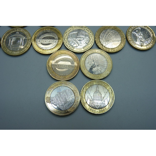 955 - Twenty-five collectable £2 coins including four Your Country Needs You, four London Underground, one... 