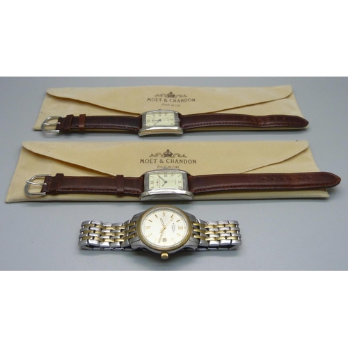 961 - Two Moët & Chandon Champagne promotional wristwatches and a Rotary wristwatch