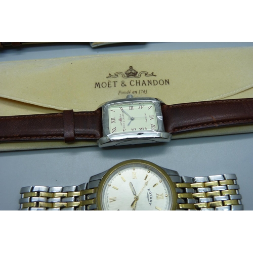 961 - Two Moët & Chandon Champagne promotional wristwatches and a Rotary wristwatch